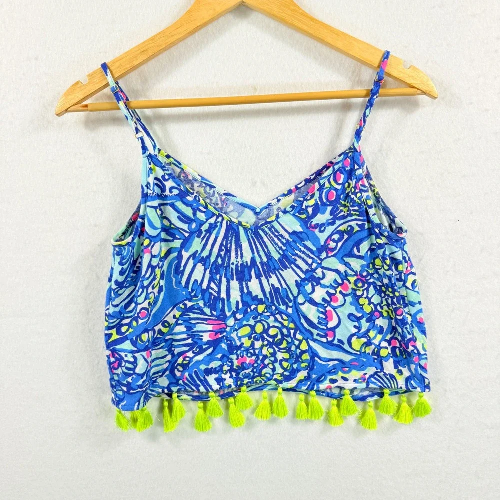 Lilly Pulitzer Ceviche Ramona Top Women 0 Blue Pink Tassel Beachy Coastal Preppy